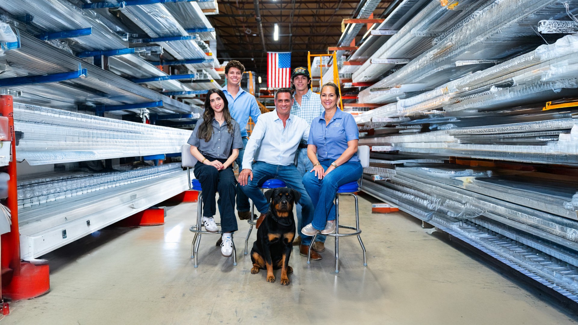 Classic Metals Suppliers team in the Opa-Locka warehouse with stocked aluminum extrusions
